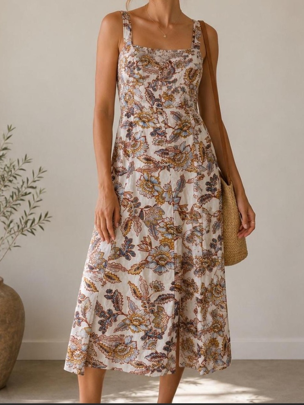Old Navy XLP Linen Blend Floral Midi Sleeveless Summer Dress B11